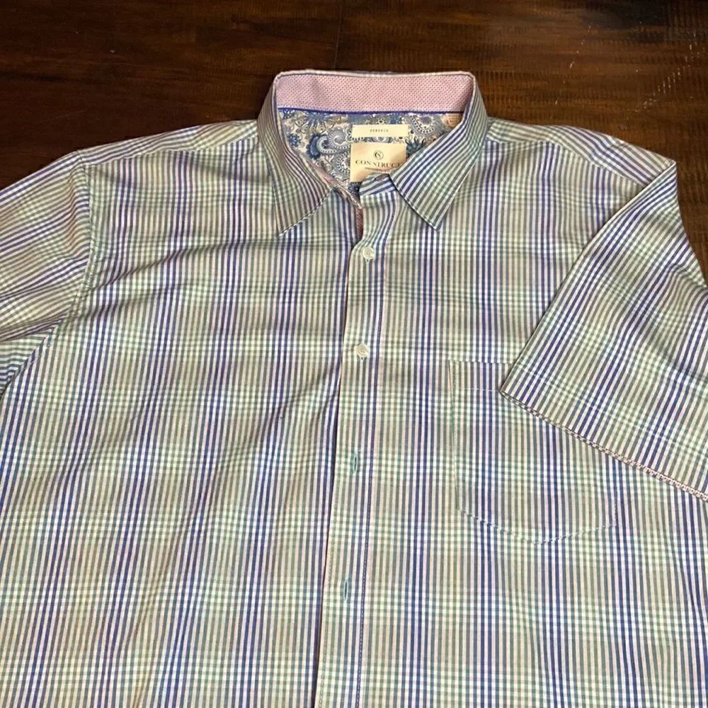 Men’s Construct Plaid Button Up Short Sleeve Shirt Size XXL Stretch
